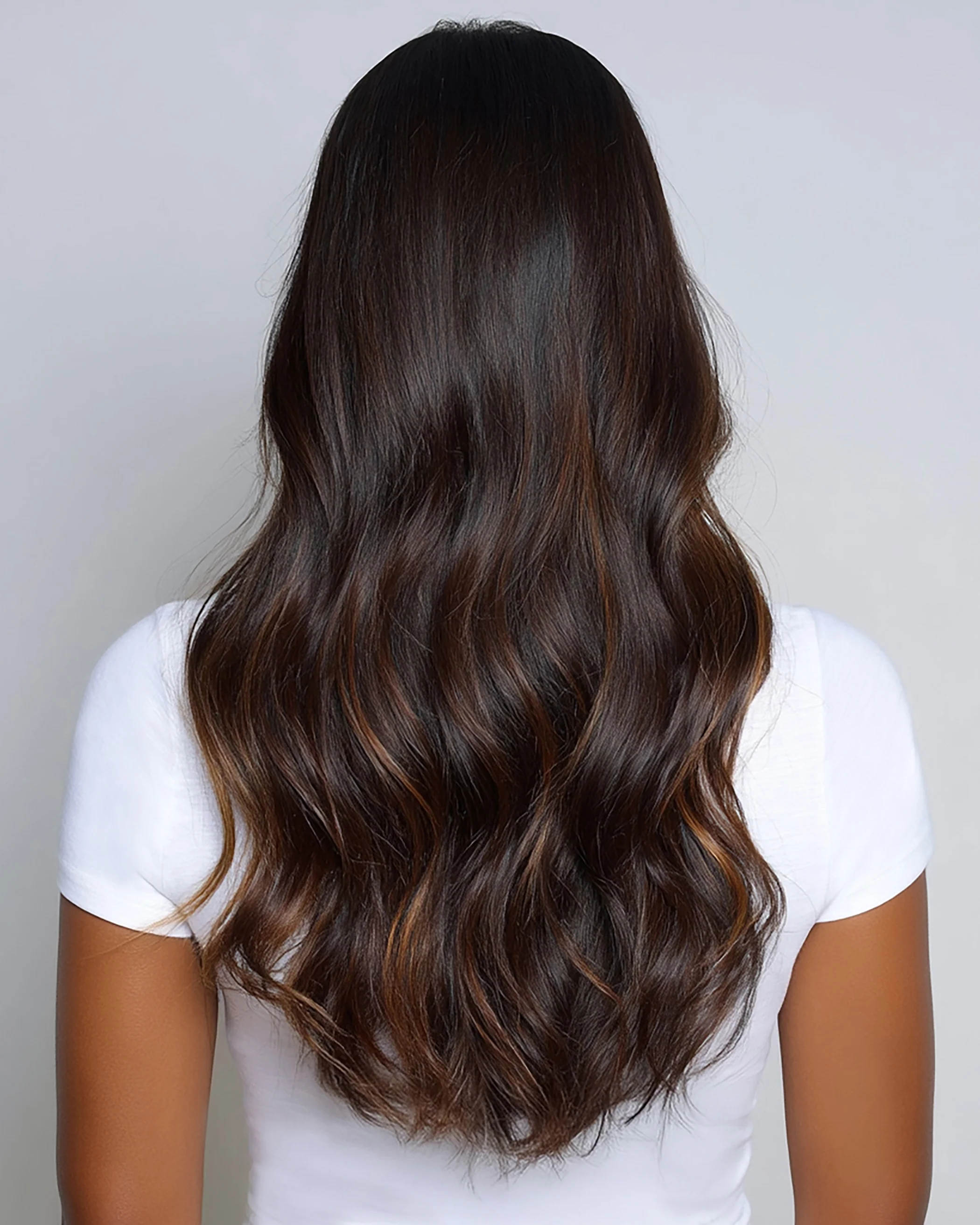 Silk Seam™ Clip-In, Mochachino Chocolate/Dark Honey Rooted Highlight - Image 6